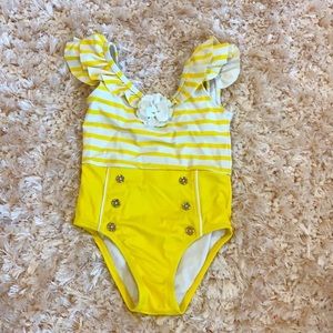 Beautiful Janie and Jack lemon yellow one piece swimsuit, gold buttons like new